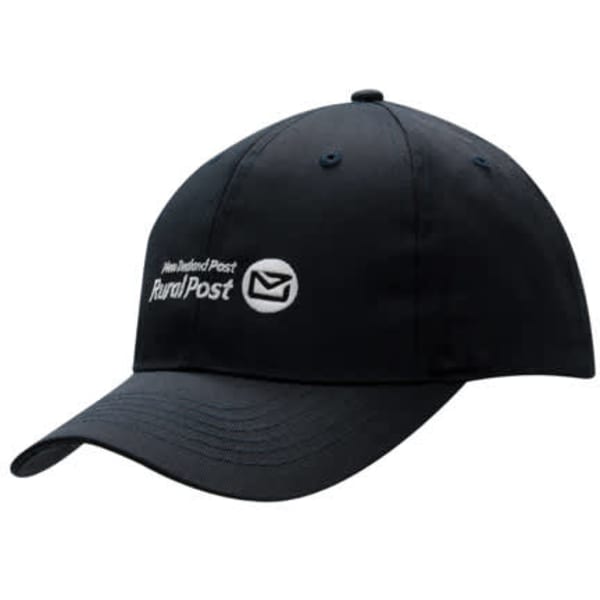 A navy cap featuring a logo and embroidered text, showcasing a simple and classic design.