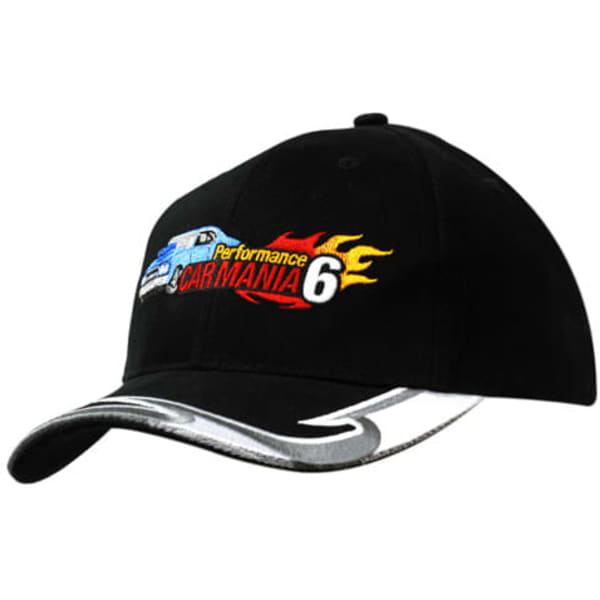 A black cap featuring an embroidered design on the peak with colourful racing-themed motifs.