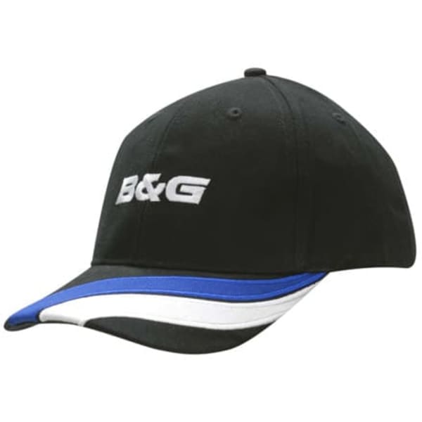 A black cap with fabric stripes in blue and white, featuring an embroidered logo on the front peak.