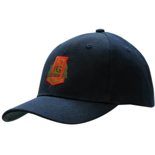 A navy blue wool/acrylic cap featuring an embroidered logo on the front.