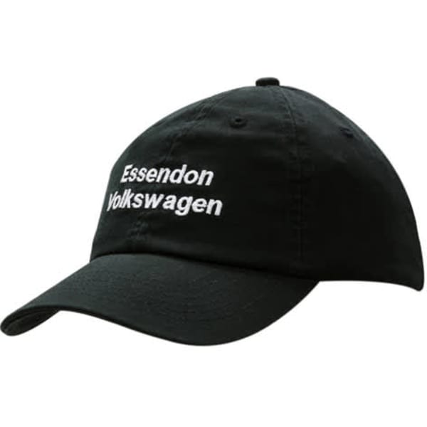 A black cap featuring white embroidered text and a branded logo on the front.