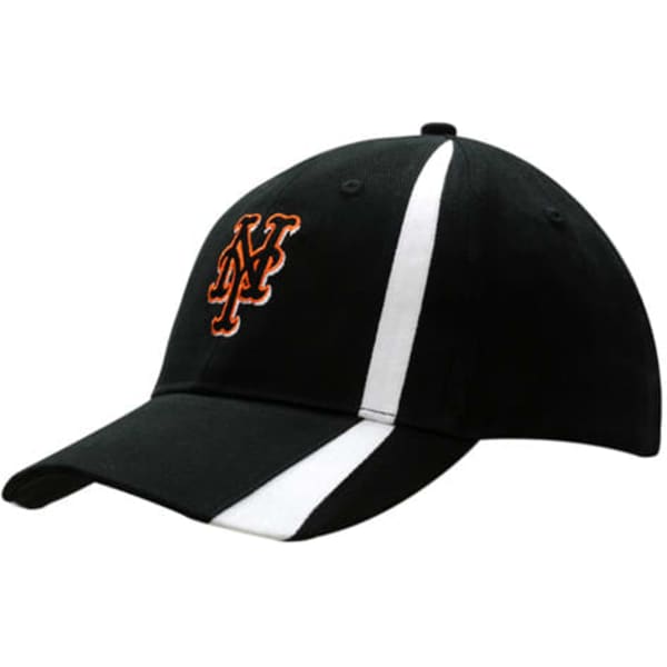 A black cap with white fabric inserts on the crown and peak, featuring a logo on the front.