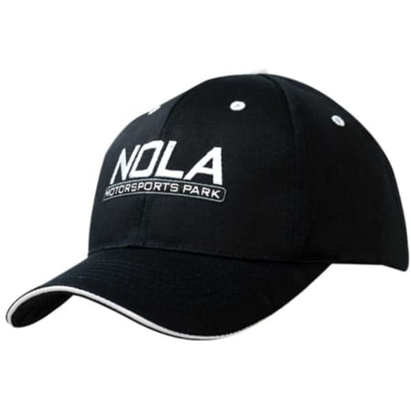 A black cap with a white sandwich trim and embroidered branding on the front.