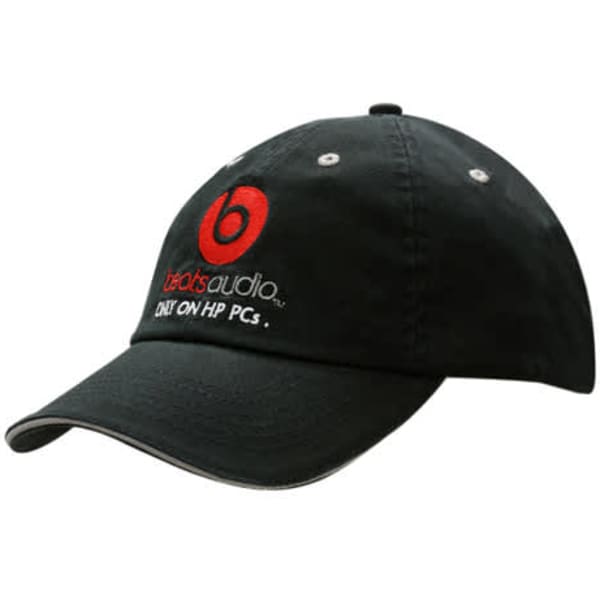 A black cap featuring a logo on the front and a curved brim. It has eyelets for ventilation.