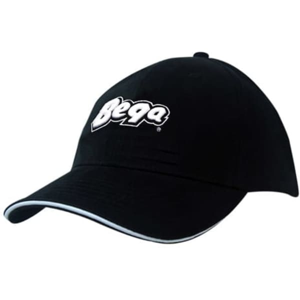 A black cap with a curved brim and white sandwich trim, featuring a logo on the front.