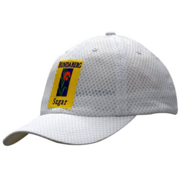 A white cap with a mesh design, featuring a logo on the front.