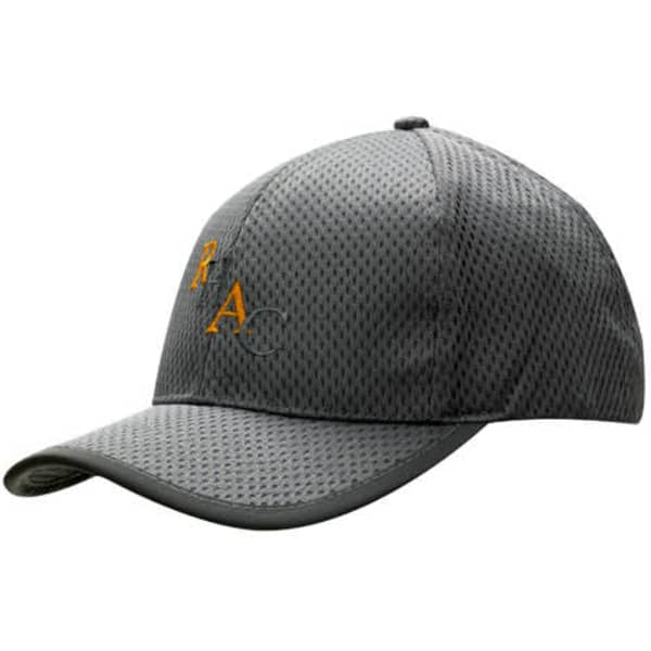 A grey waffle mesh cap with peak trim, featuring a logo on the front and a curved brim.