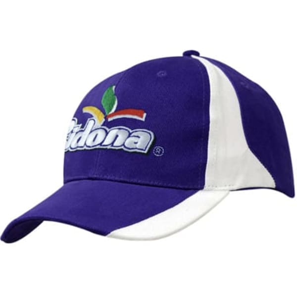 A purple and white cap featuring a logo on the front and fabric inserts on the crown and peak.