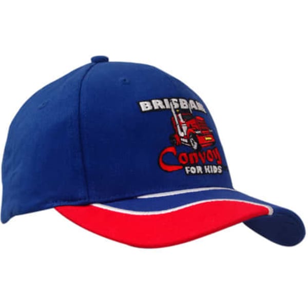 A blue cap with a red peak featuring an embroidered design and a logo.
