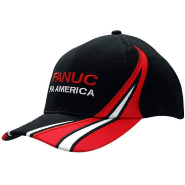 A black cap with red and white accents, featuring an embroidered logo on the front.