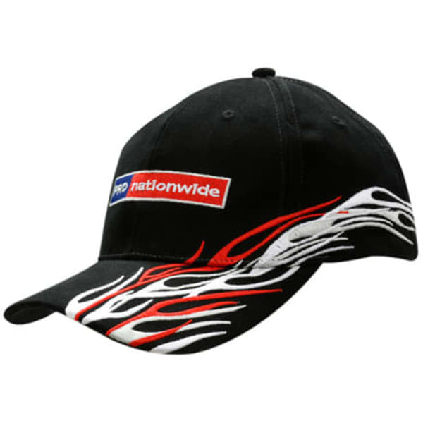 A black cap featuring flame embroidery in red and white, with a logo on the front.