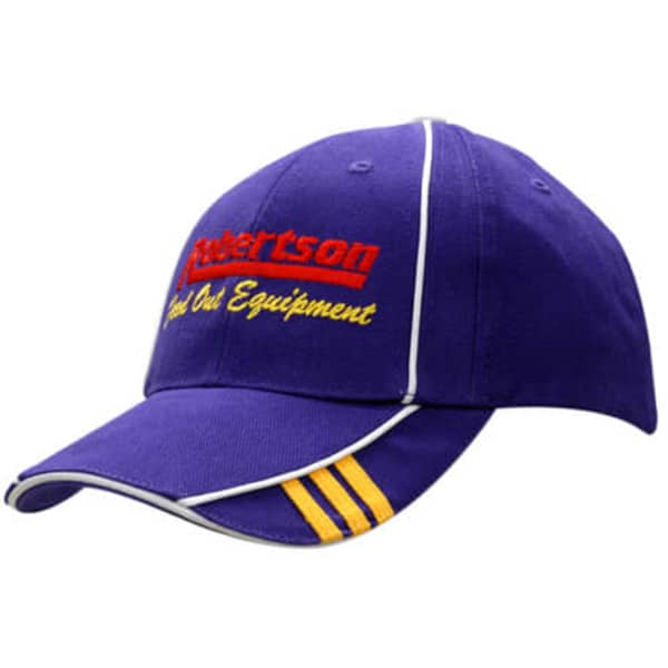 A purple cap featuring white piping, embroidery on the peak, and three yellow stripes on the side. It has a logo.