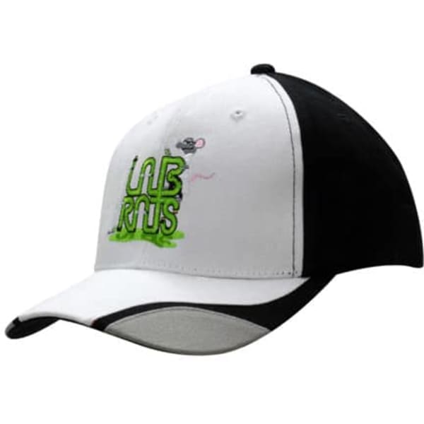 A black and white cap featuring fabric inserts on the peak and a logo on the front.