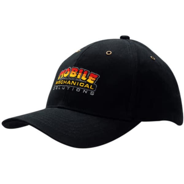 A black cap featuring an embroidered logo on the front and eyelets for ventilation.
