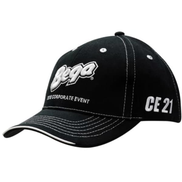 A black cap featuring white contrast stitching and a logo on the front. It has a curved brim and adjustable back.