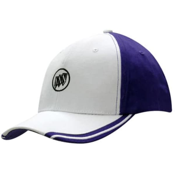 A white and purple cap featuring an embroidered logo on the front and contrasting stripes on the peak.
