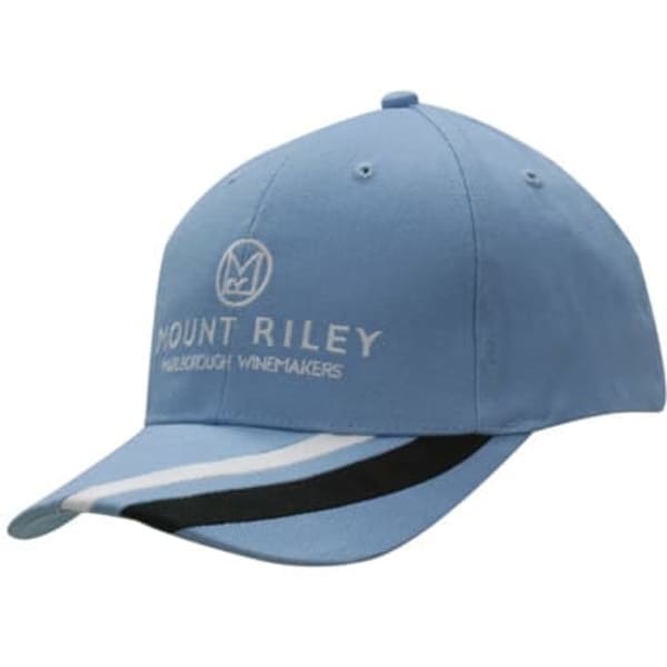 A blue cap with a fabric stripe on the peak and a logo on the front.