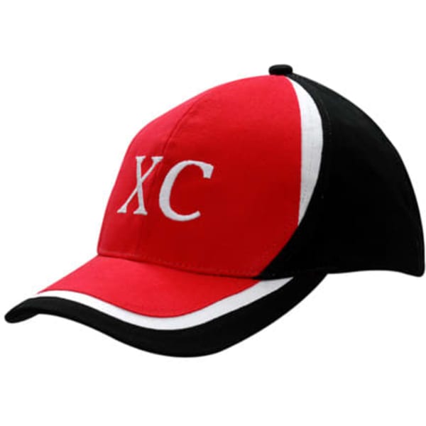 A red and black cap with white detailing and an embroidered logo on the front, featuring a curved peak.
