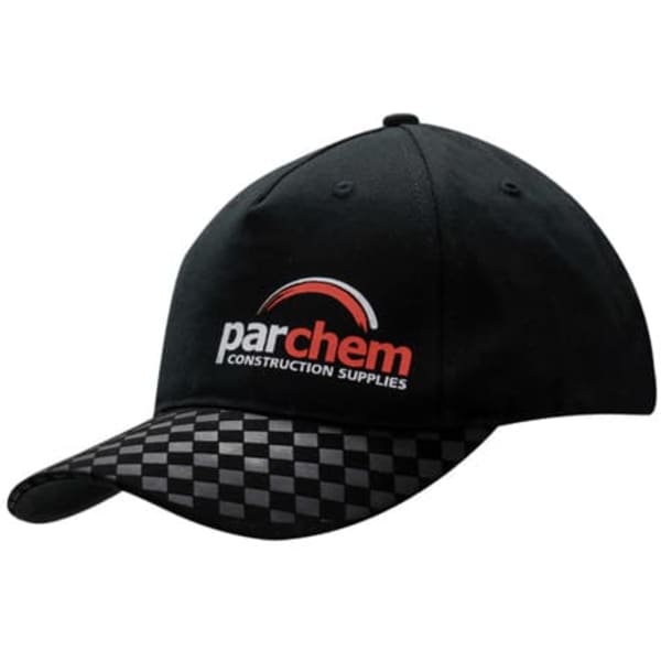 A black cap featuring a check embossed nubuck peak, with a logo on the front.