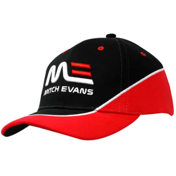 A black and red cap featuring inserts and embroidery on the crown and peak, with a logo.
