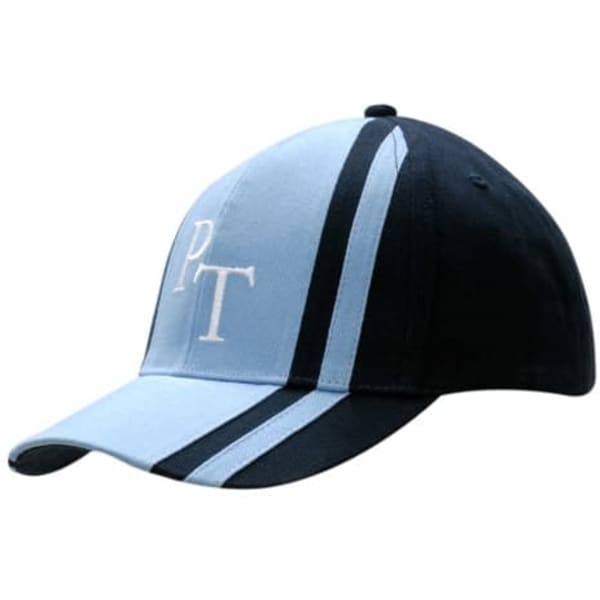 A cap featuring a light blue and navy design with stripes on the crown and peak, and a logo on the front.