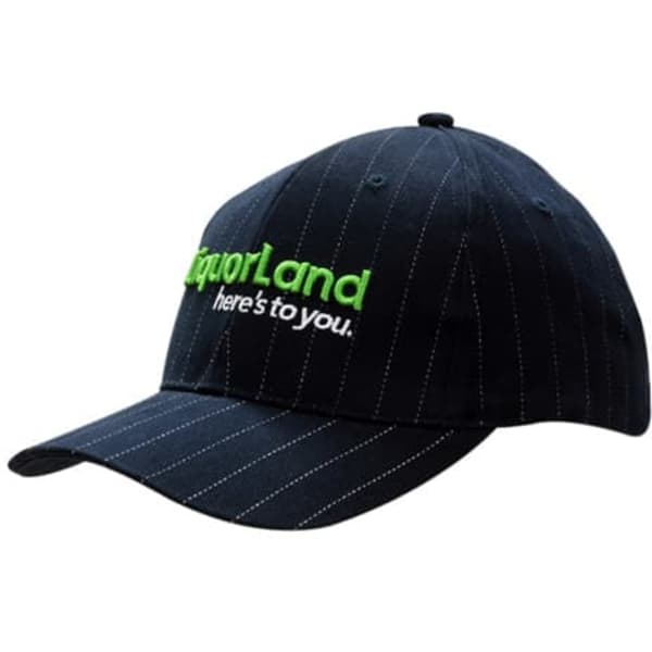 A navy cap with pinstripes and an embroidered logo in green and white.