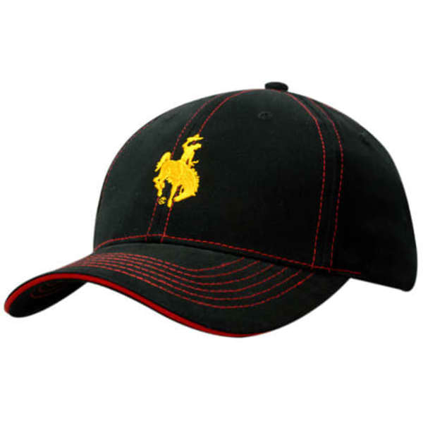 A black cap with a yellow logo and red contrast stitching along the seams and brim. It features a curved peak.