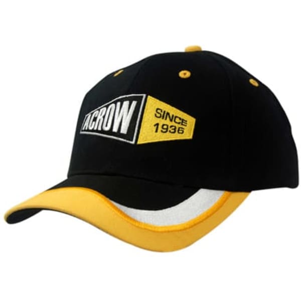 A black cap with yellow accents, featuring embroidered branding and a curved peak.