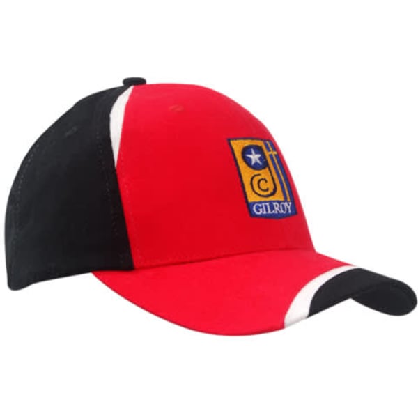 A red and black cap featuring fabric inserts on the crown and peak, with a logo on the front.