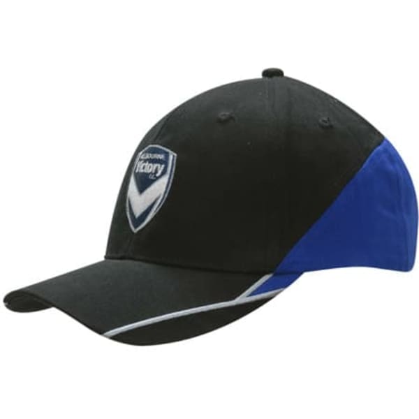 A black and blue cap featuring embroidered lines and a logo on the front, with a fabric insert on the crown and peak.