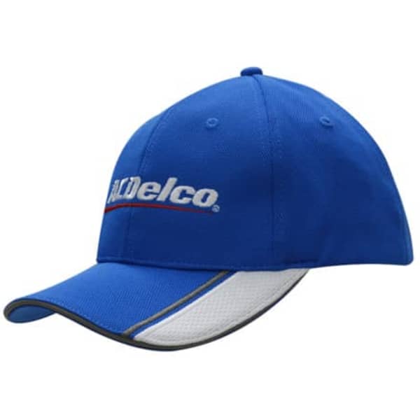 A blue cap with mesh inserts and embroidery on the peak and sandwich trim, featuring a logo.