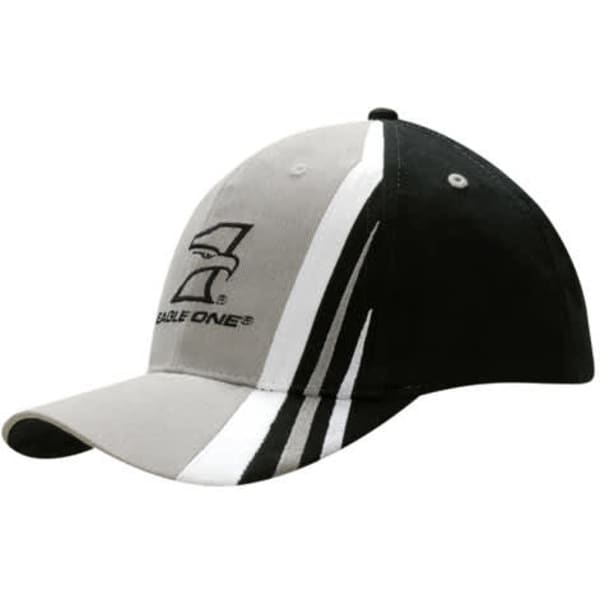 A cap featuring a grey and black design with fabric inserts and embroidery on the crown and peak.
