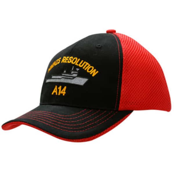 A black and red cap with a mesh design, featuring an embroidered logo and text on the front.