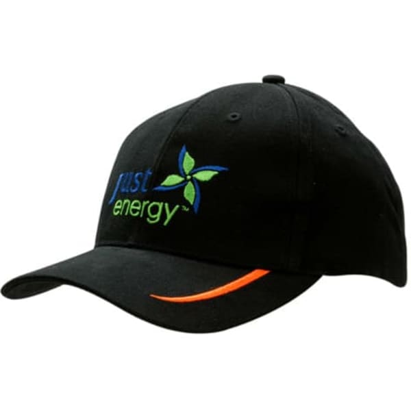 A black cap with embroidered logo featuring green and blue elements, and an orange line on the peak.