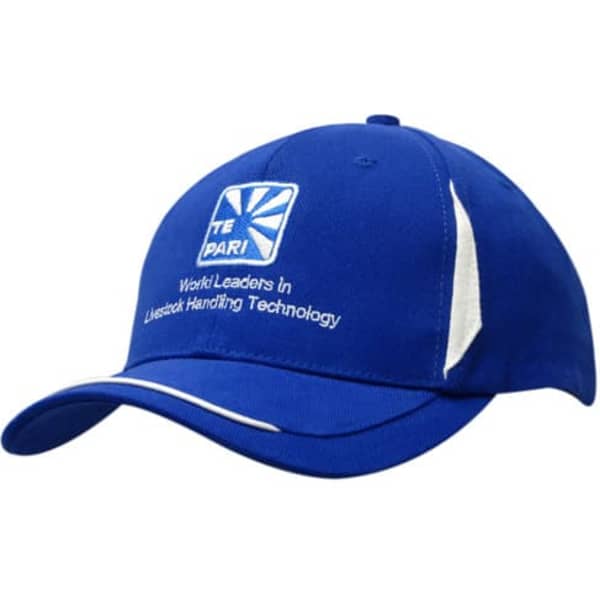 A blue cap with fabric inserts on the crown and an open sandwich peak, featuring a logo.
