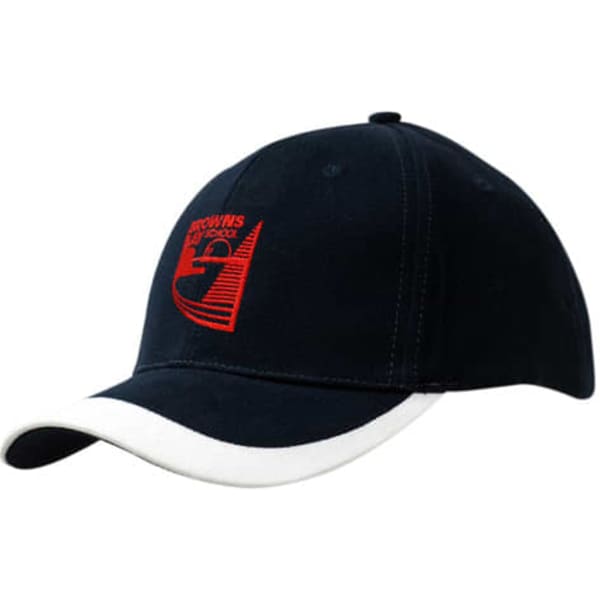 A navy baseball cap with a white peak and a logo on the front. Features a brushed heavy cotton fabric.