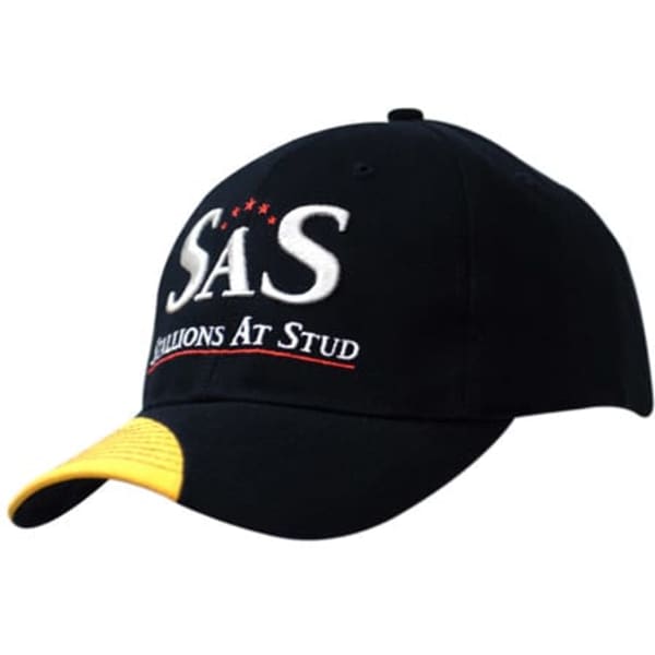 A navy cap with a yellow peak featuring a logo and embroidered text.