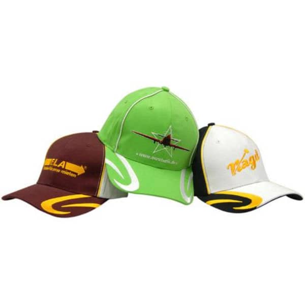 Three caps displayed in green, maroon, and black, featuring crown piping and peak swirl embroidery. Each has a logo.