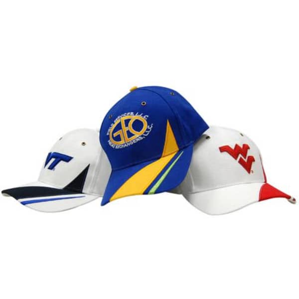 Three caps in white, blue, and red, featuring various designs and logos, displayed together.