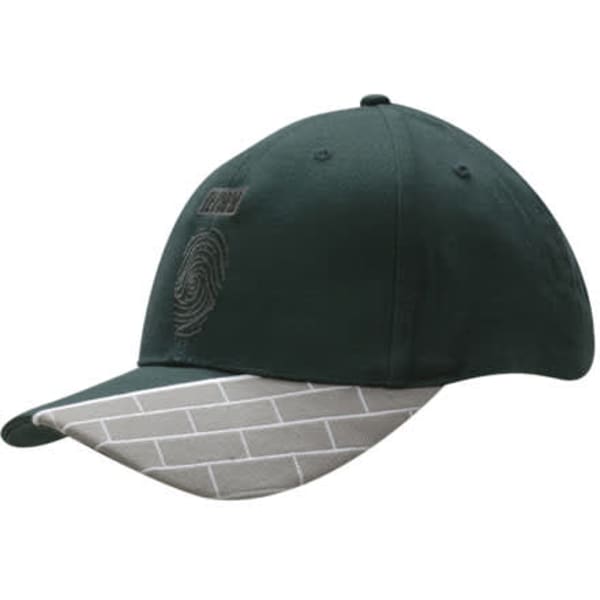 A dark green cap with a fabric insert featuring a grey brick pattern on the peak and embroidered design on the front.