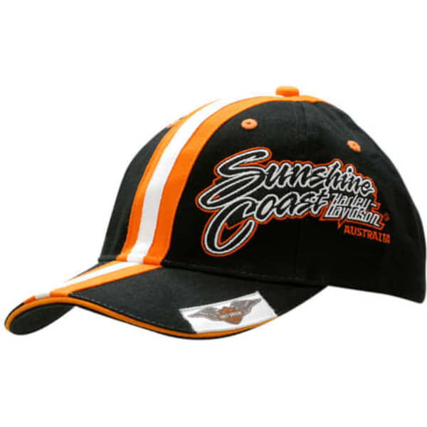 A black cap with orange stripes on the crown and peak, featuring a logo on the front.