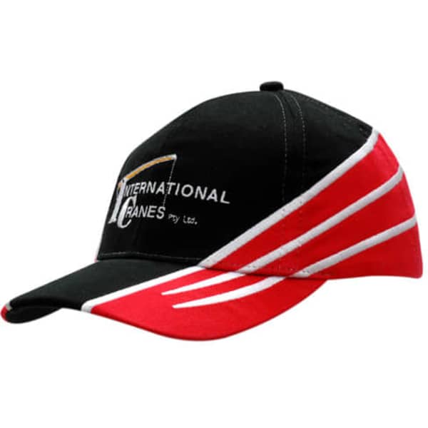 A black and red cap with fabric inserts and embroidery on the crown and peak, featuring a logo.