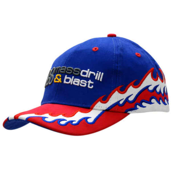 A blue and red cap featuring flame embroidery on the crown and peak, with a logo on the front.
