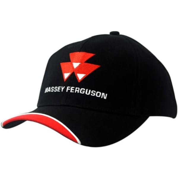 A black cap with a red peak and piping, featuring a logo on the front.