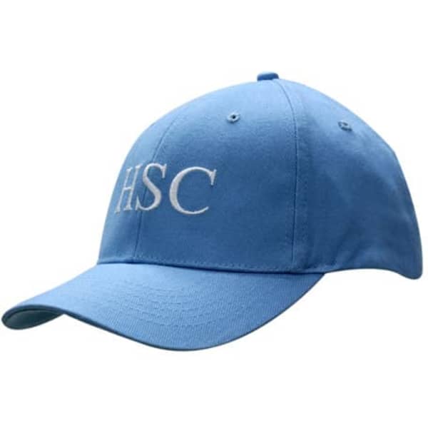A blue cap featuring an embroidered logo. The cap has a curved brim and eyelets for ventilation.