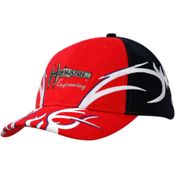 A red and black cap with flame embroidery on the crown and peak, featuring a logo on the front.