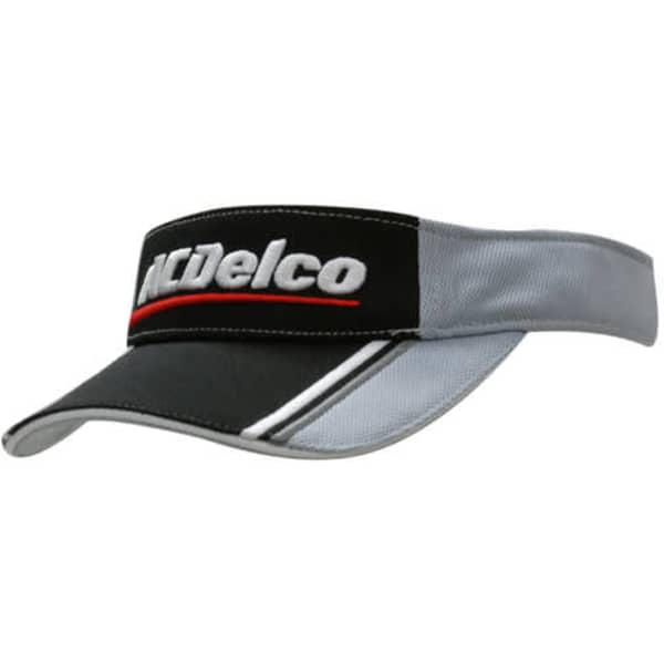 A black and grey mesh knit visor featuring fabric inserts and embroidery on the peak, with a logo.