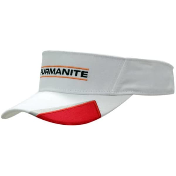 A white visor with a red peak insert and embroidered logo. Features a wide band for comfort.