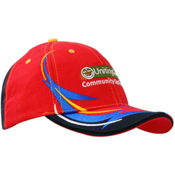 A red baseball cap with embroidered trim in blue and yellow, featuring a logo on the front.