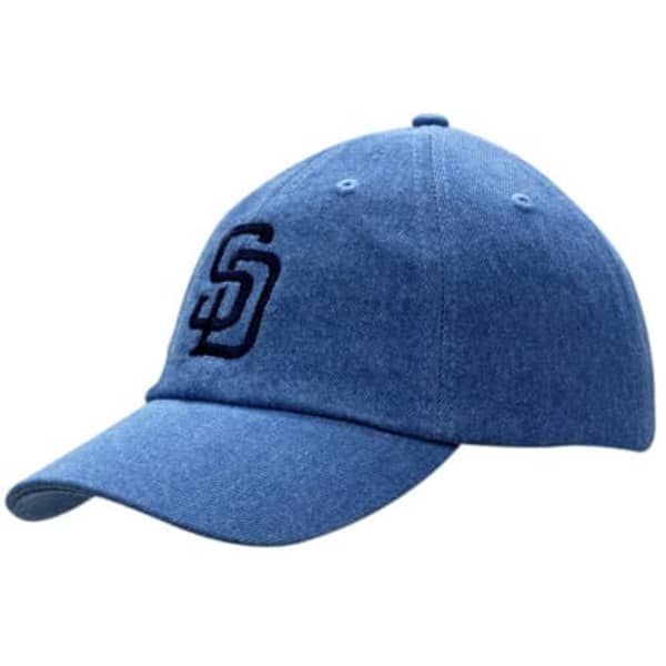 A blue washed denim cap featuring an embroidered logo on the front. It has a black accent and a curved brim.